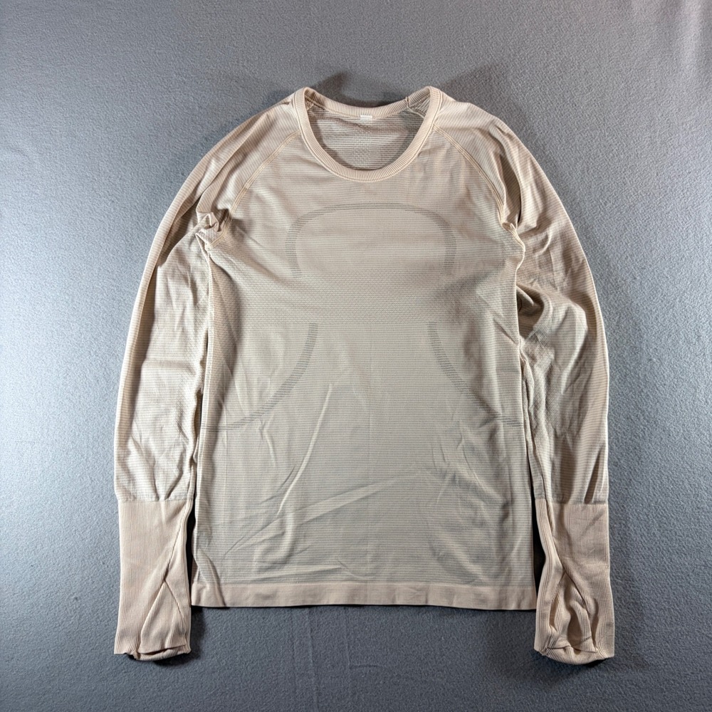 Lululemon Swiftly Tech Long Sleeve Shirt Tan‎ Beige Striped Crew Neck Size 4